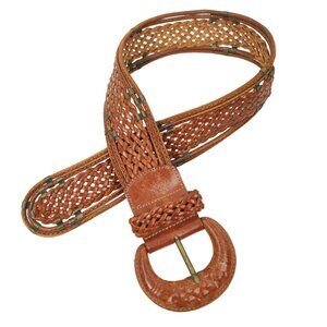 Wide Brown Leather Belt Woven Womens Size S Boho Gypsy Western Bohemian Turkey